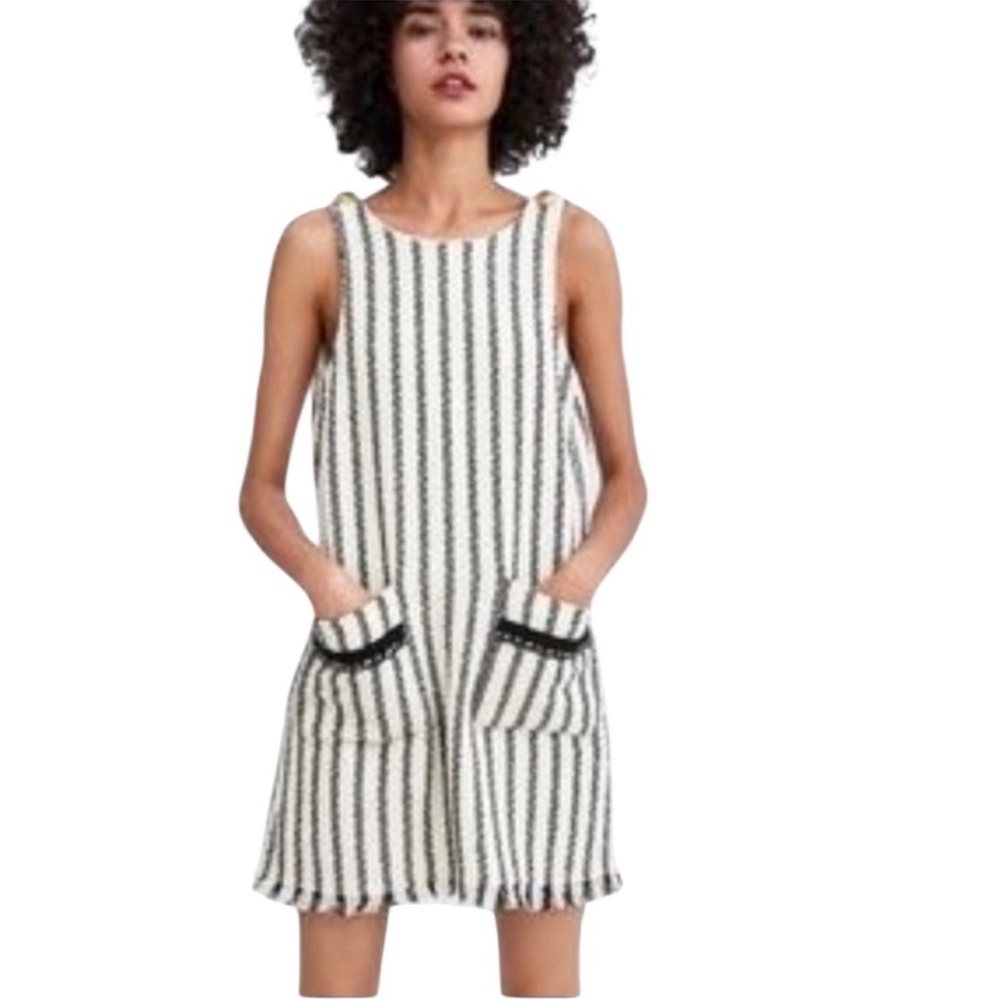 Zara TRF Collection Pinafore Tweed Fringe Stripes Mini Shift‎ Dress Small S